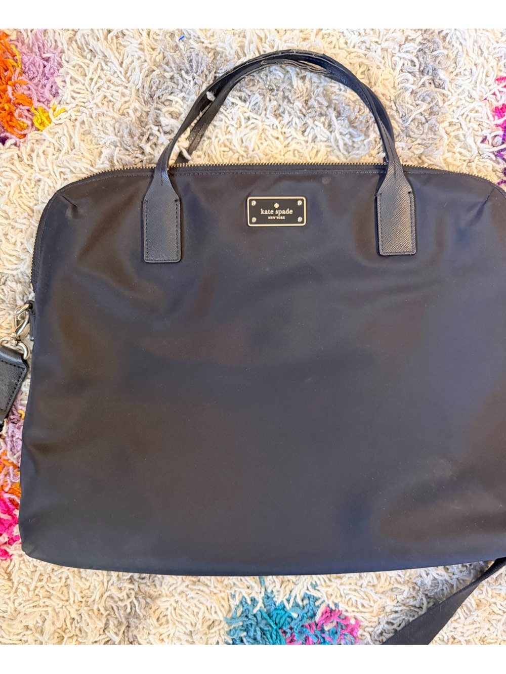 Kate Spade Black nylon tote with leather trim and gold logo